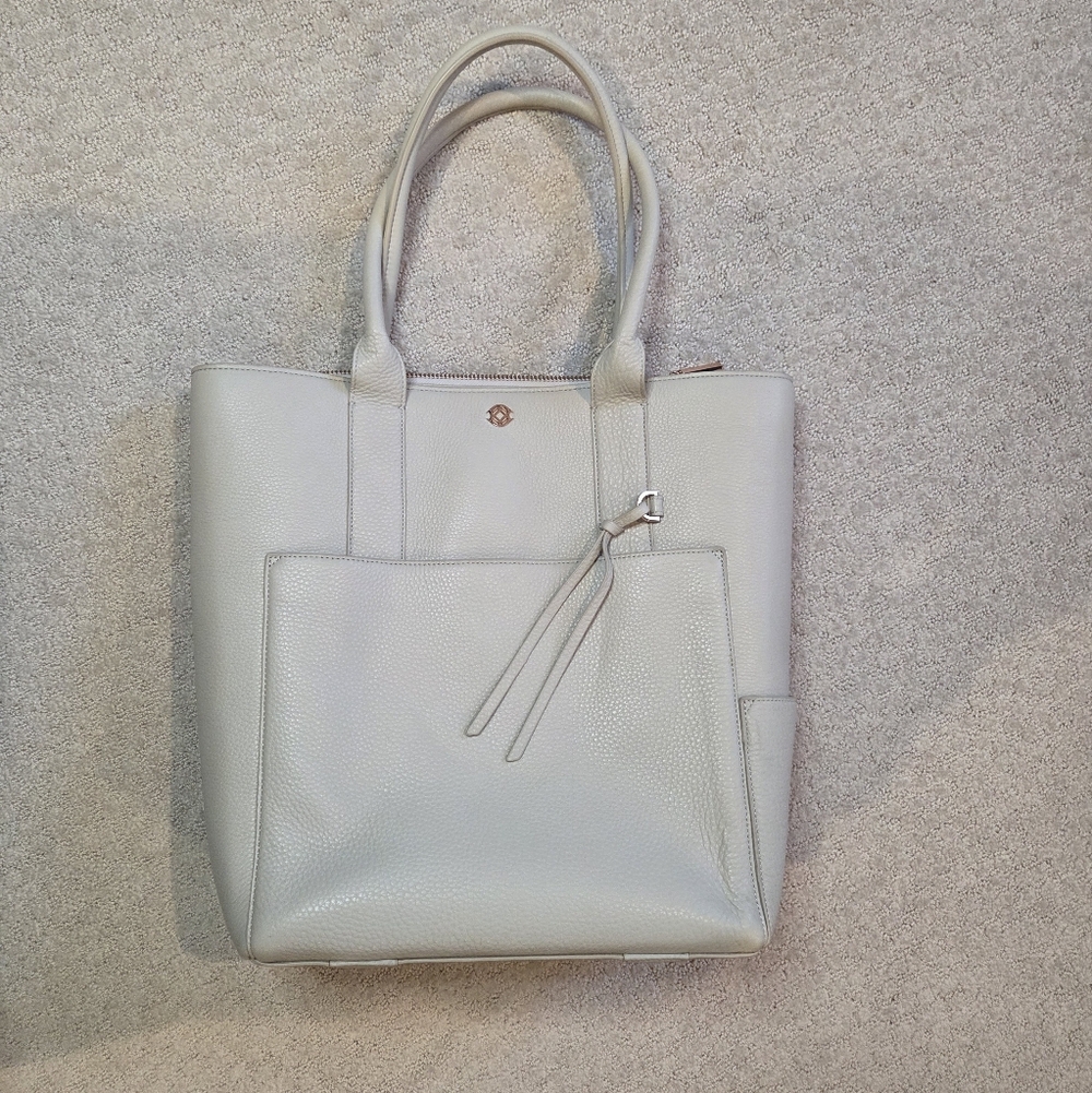 Dagne Dover Charlie Grey Beige Pebbled Leather Briefcase Tote Bag Large